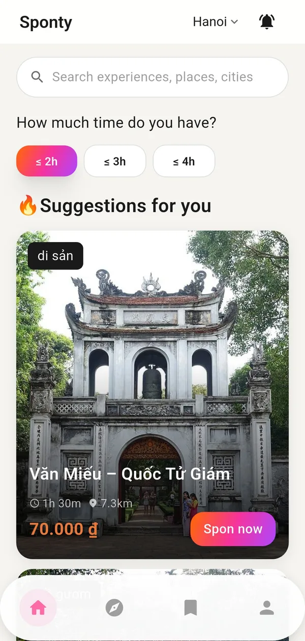 Sponty home screen with time filters and a suggestion nearby