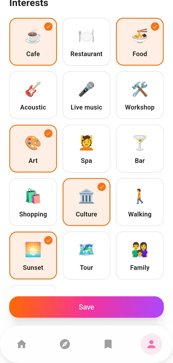 Sponty interest picker with categories such as cafe, food and live music