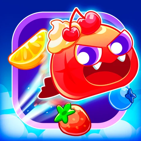 Mochi Dash game icon: a red jelly mochi chasing fruit